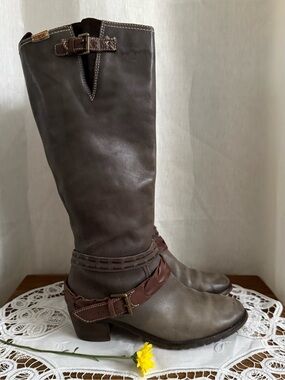 Pikolinos Tall Leather Boots 40 US 9 Gray Brown Braided Buckle Boho Riding